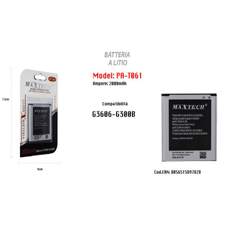 Batteria A Litio 2000mah Per Samsung Galaxy G3606-g3008 Di Ricambio Maxtech Pa-t061
