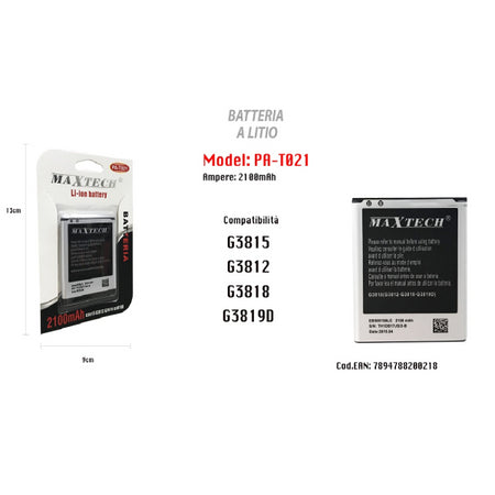 Batteria A Litio 2100mah Per Samsung Galaxy G3815 G3812 G3818 G3819d Maxtech Pa-t021