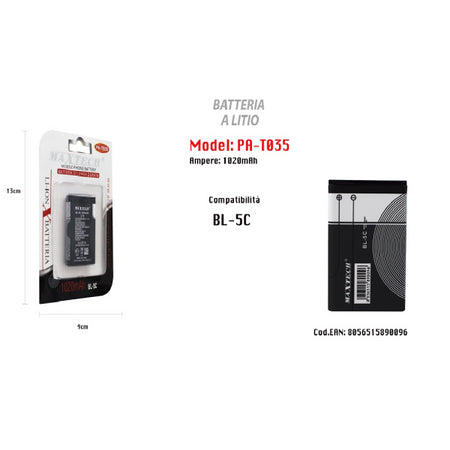 Batteria A Litio Compatibile Con Bl-5c Cellulare Smartphone Maxtech 1020mah Pa-t035