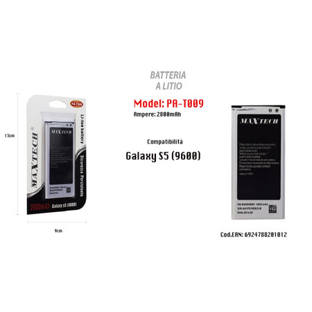Batteria A Litio Compatibile Galaxy S5 Cellulare Smartphone 2800mah Maxtech Pa-t009