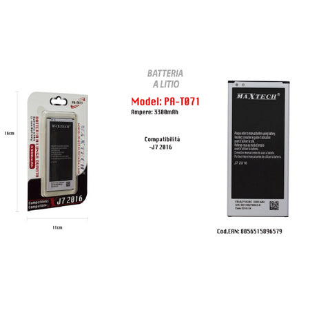 Batteria A Litio Compatibile Per Samsung Galaxy J7 2016 3300mah Maxtech Pa-t071