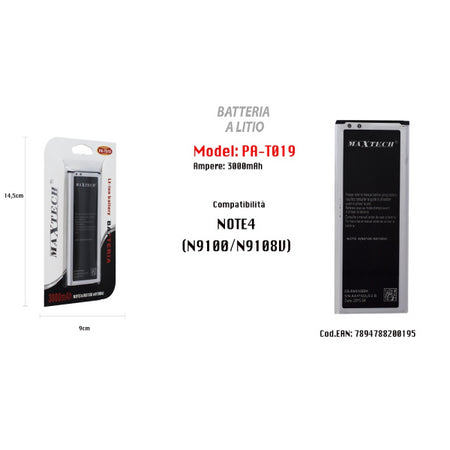 Batteria A Litio Compatibile Per Samsung Galaxy Note 4 3000mah Maxtech Pa-t019