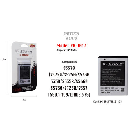 Batteria A Litio Compatibile S5570 Cellulare Smartphone 1350mah Maxtech Pa-t013