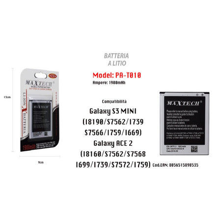 Batteria A Litio Galaxy S3 Mini Ace 2 Ricambio Cellulare Smartphone 1900mah Maxtech Pa-t010