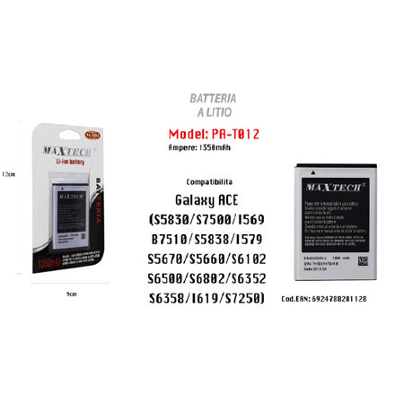 Batteria A Litio Per Galaxy Ace Compatibile Cellulare Smartphone 1350mah Maxtech Pa-t012