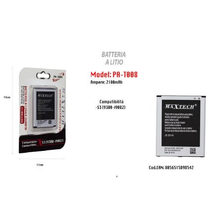 Batteria A Litio Per S3 Compatibile Cellulare Smartphone 2100 Mah Maxtech Pa-t008