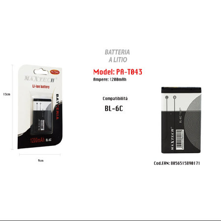 Batteria A Litio Ricambio Compatibile Con Bl-6c 1200mah Smartphone Maxtech Pa-t043