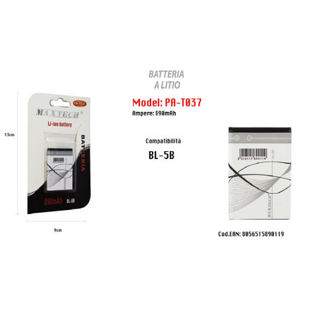 Batteria Compatibile A Litio Bl-5b 890 Mah Li-ion Cellulare Maxtech Pa-t037