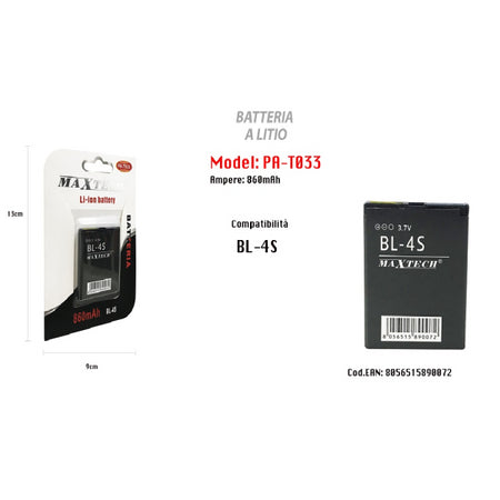 Batteria Compatibile Con Bl-4s 860 Mah Li-ion 3,7v Smartphone Maxtech Pa-t033