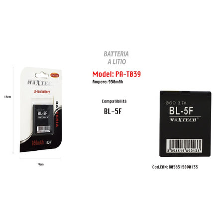 Batteria Compatibile Con Modello Bl-5f 950mah A Litio 3.7v Smartphone Maxtech Pa-t039