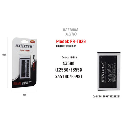 Batteria Compatibile Per S3500 Cellulare Smartphone A Litio 1000mah Maxtech Pa-t020