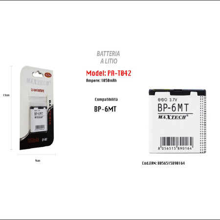 Batteria Li-ion 1050mah Compatibile Con Modello Bp-6mt 3.7v Ricambio Maxtech Pa-t042