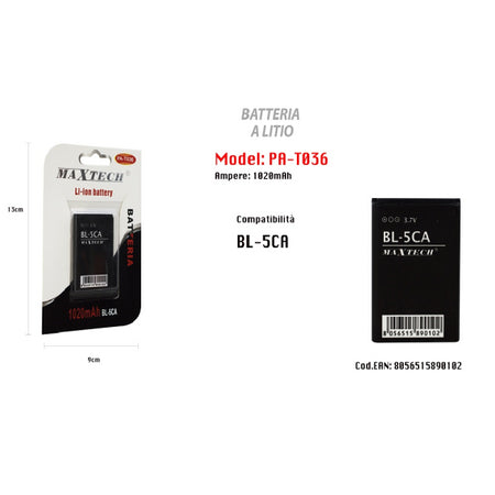Batteria Litio Compatibile Con Bl-5ca 1020mah Smartphone Cellulare Maxtech Pa-t036
