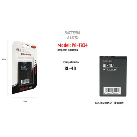 Batteria Litio Compatibile Per Bl-4d Smartphone 1200 Mah 3.7v Maxtech Pa-t034