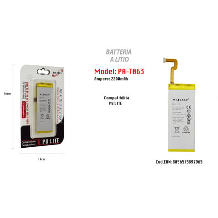 Batteria Litio Lunga Durata Compatibile Huawei P8 Lite Maxtech 2200mah Pa-t063