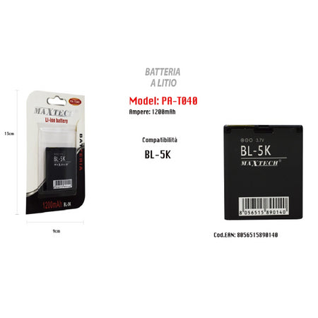 Batteria Per Telefono Compatibile Con Bl-5k 1200 Mah Li-ion 3,7v Maxtech Pa-t040
