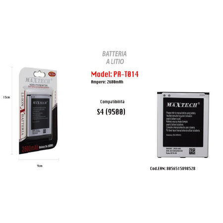 Batteria S4 9500 Ricambio Cellulare Smartphone A Litio 2600mah Maxtech Pa-t014