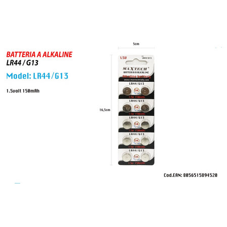 Batterie Alkaline Lr44/g13 1.5v 150mah Pile Bottone Per Orologi Telecomandi Maxtech