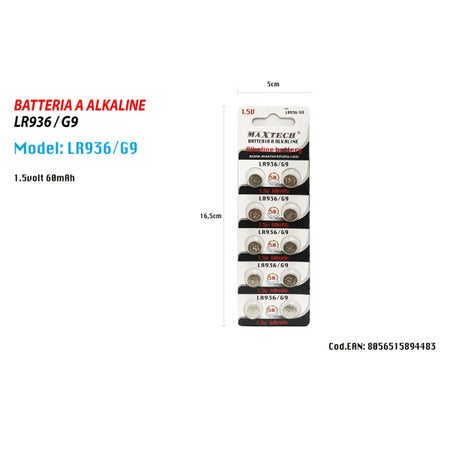 Batterie Pile Alkaline Lr936/g9 1.5v Bottone 60mah Per Orologi Telecomandi Maxtech