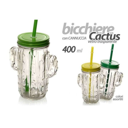 Bicchiere Con Cannuccia Coperchio Party Feste Forma Cactus In Vetro 400ml 738135