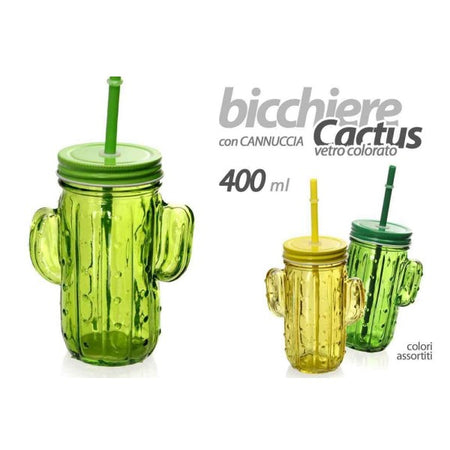 Bicchiere Party Con Cannuccia Coperchio Bibite Cactus Vetro Colorato 400ml 738142