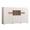 Credenza Italy, color bianco lucido-rovere, con struttura in truciolare rivestito, mobile in kit Casa e cucina/Arredamento/Soggiorno/Credenze Decor Space - Altamura, Commerciovirtuoso.it