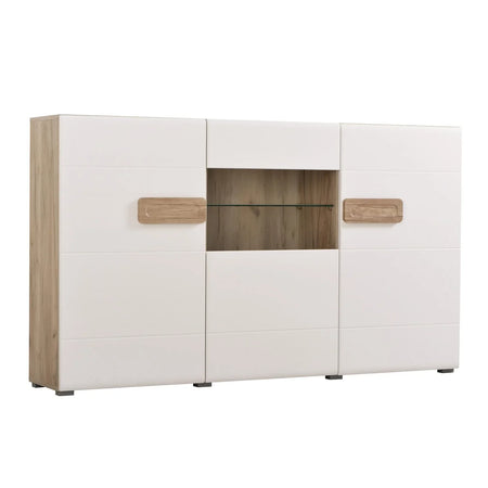 Credenza "Italy", color bianco lucido-rovere, con struttura in truciolare rivestito, mobile in kit Casa e cucina/Arredamento/Soggiorno/Credenze Decor Space - Altamura, Commerciovirtuoso.it