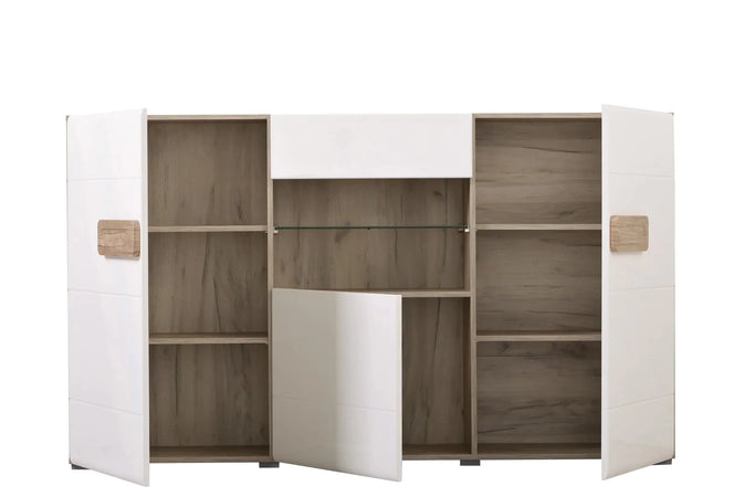 Credenza "Italy", color bianco lucido-rovere, con struttura in truciolare rivestito, mobile in kit Casa e cucina/Arredamento/Soggiorno/Credenze Decor Space - Altamura, Commerciovirtuoso.it