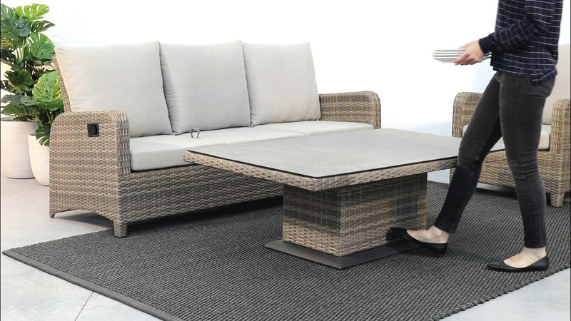 Tavolo "Kent" con struttura in alluminio, piano in ceramica, intreccio in fibra sintetica, per esterno Giardino e giardinaggio/Arredamento da giardino e accessori/Tavoli e tavolini/Tavoli standard Decor Space - Altamura, Commerciovirtuoso.it