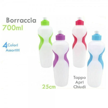 Bottiglia Borraccia In Plastica Colorata 700ml Sport Scuola Tappo Apri Chiudi