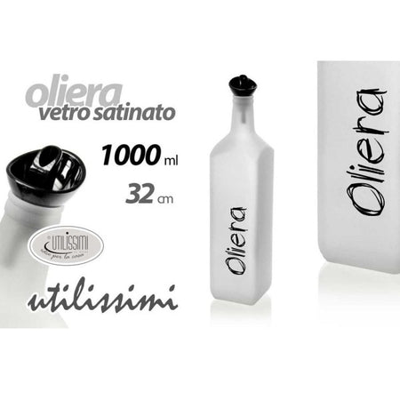 Bottiglia Scritta Oliera Vetro Satinato Bianco Tappo Dosatore 1000ml 32cm 833328