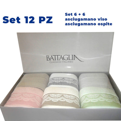 art.ma 1086 Pezzi 12 Set completo asciugamani Battaglia 100% puro cotone made in italy colori assortiti 6 asciugamano viso + ospite art. MA1086 tessile L'Orchidea - Siderno, Commerciovirtuoso.it