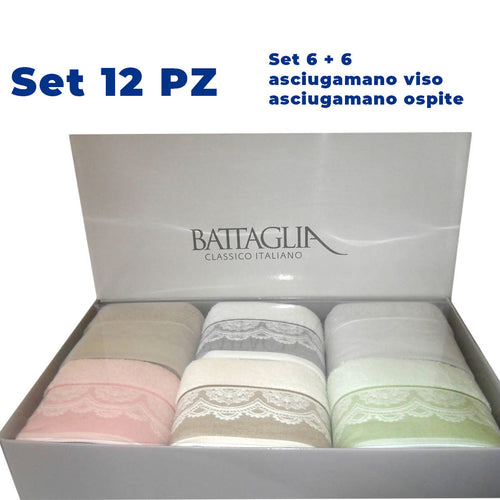 art.ma 1086 Pezzi 12 Set completo asciugamani Battaglia 100% puro cotone made in italy colori assortiti 6 asciugamano viso + ospite art. MA1086 tessile L'Orchidea - Siderno, Commerciovirtuoso.it