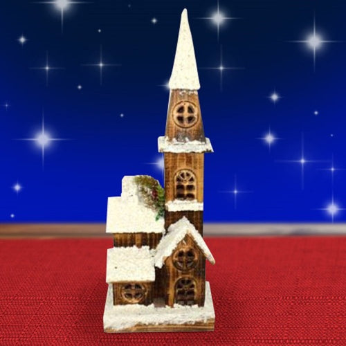 Campanile Legno Innevato Con Luci Gialle Altezza 54 Cm Decorazioni Natalizie
