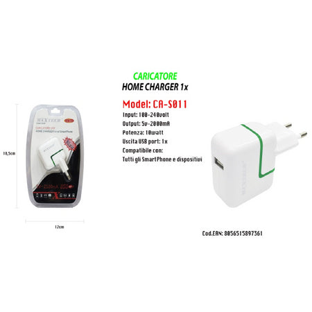 Caricabatteria Caricatore Usb Ultra Ricarica Per Smartphone 5v-2100ma Maxtech Ca-s011