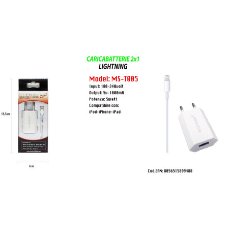 Caricabatterie 2x1 Lightning Maxtech Con Adattatore Per Iphone 5v-1500ma 1mt Ms-t005