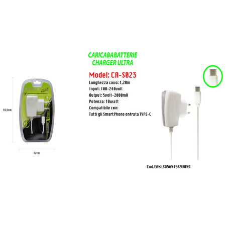 Caricabatterie Charger Ultra Type-c Per Smartphone 5v-2000ma 10w Maxtech Ca-s023
