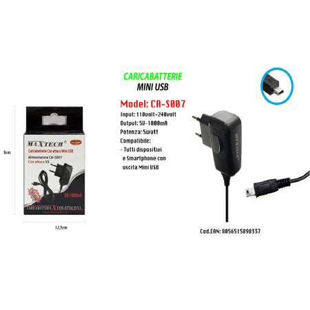 Caricabatterie Con Attacco Mini Usb V3 Per Smartphone Uscita Mini Usb Maxtech Ca-s007