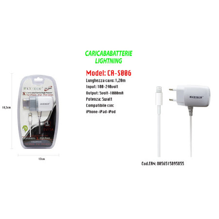 Caricabatterie High Power Lightning Per Iphone - Ipad - Ipod Series Maxtech Ca-s006