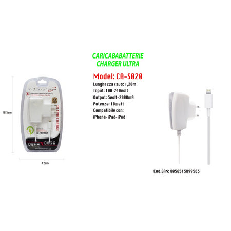Caricabatterie Maxtech Charger Ultra Lightning Per Iphone Ipad Ipod 5v-2000ma 10w Ca-s020