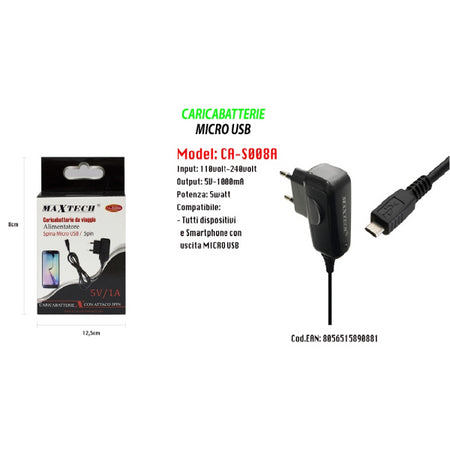 Caricabatterie Micro Usb Da Viaggio Spina 5pin 5v-1000ma 5watt Maxtech Ca-s008a