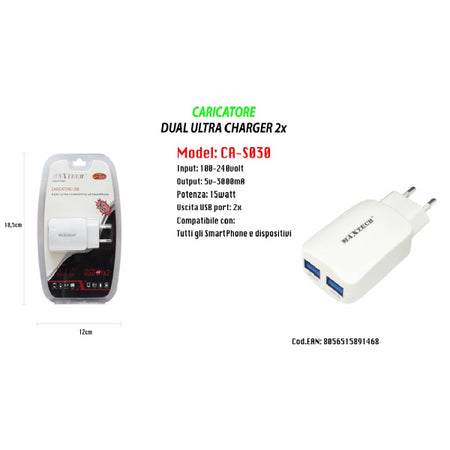 Caricatore Portatile Presa 2 Usb Per Smartphone 5v - 3000ma Maxtech 15w Ca-s030