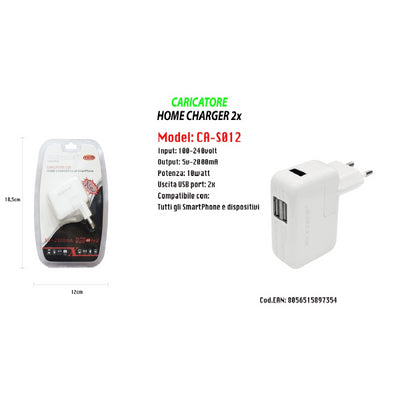 Caricatore Presa Spina 2 Usb Ultra Ricarica Smartphone 5v-2100ma Maxtech Ca-s012