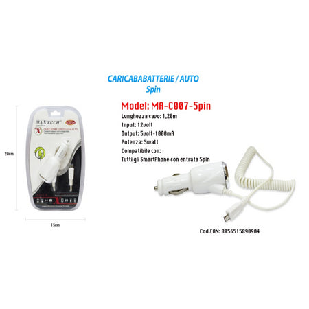 Caricatore Usb Da Auto Portatile Ricarica Smartphone 5pin 5v-1000ma Maxtech Ma-c007-5pin
