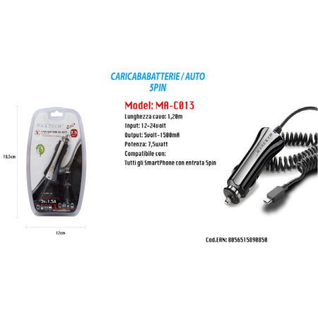 Caricatore Usb Ricarica Caricabatteria Smartphone 5pin 5v-1500ma Da Auto Maxtech Ma-c013