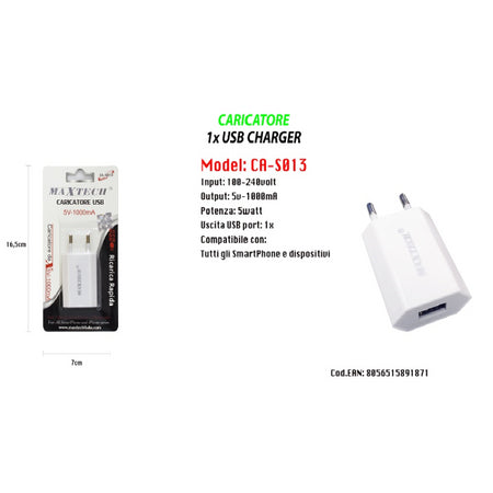 Caricatore Usb Ricarica Per Smartphone Iphone Series 5v - 1000ma Maxtech Ca-s013