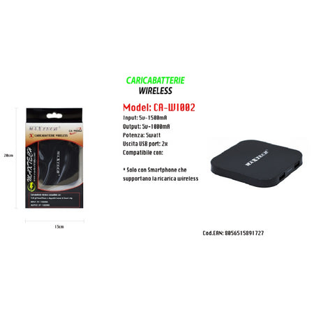 Caricatore Wifi Ricarica Wireless Smartphone Portatile 5v-1500ma Maxtech Ca-wi002