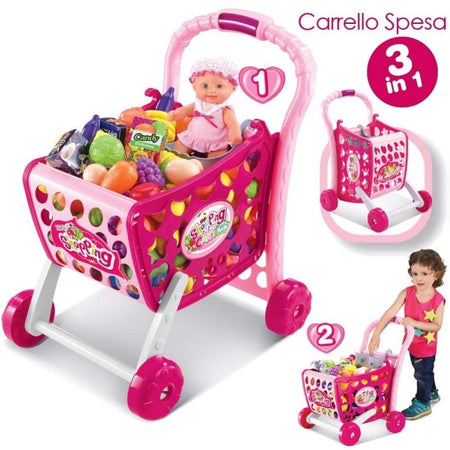 Carrello Spesa Supermarket Per Bambini Rosa Azzurro Con Frutta E Verdura 3in1