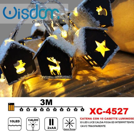 Catena 10 Casette Luminose 10led Batteria Luce Calda Fissa+intermittente Xc-4527