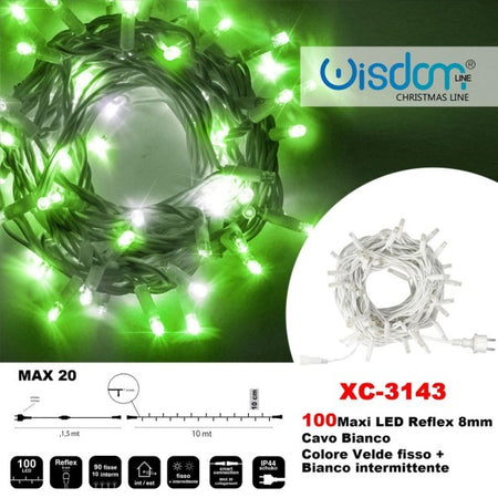Catena Luminosa 100 Luci Led Lucciole Verde Fisso + Bianco Intermittente Xc-3143